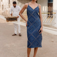 Aahana Strappy Wrap Dress in Indigo Tile Bandhani