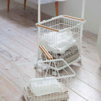 Rolling Laundry Cart + Wire Baskets (38" H) - Steel + Wood