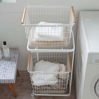 Rolling Laundry Cart + Wire Baskets (38" H) - Steel + Wood