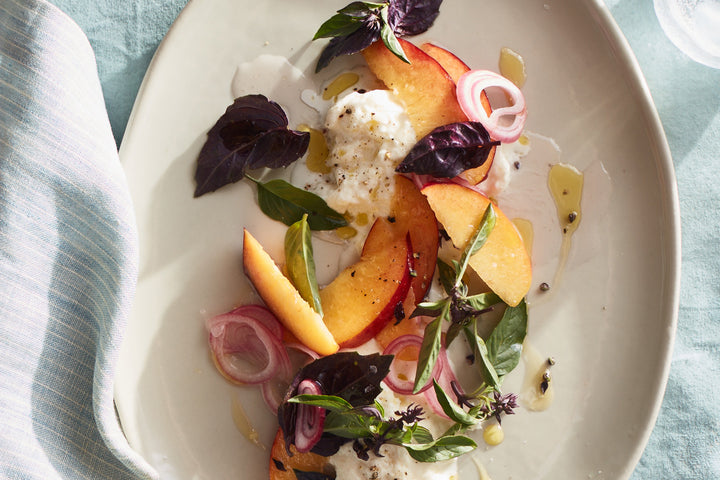 Peaches and Burrata with Pickled Shallot