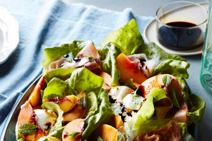 Butter Lettuce with Prosciutto, Peaches, and Burrata