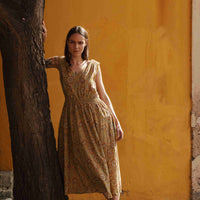 Eesha V Dress in Kalamkari Floral Yellow Sage