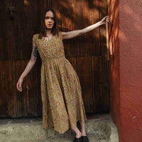 Eesha V Dress in Kalamkari Floral Yellow Sage