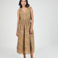 Eesha V Dress in Kalamkari Floral Yellow Sage