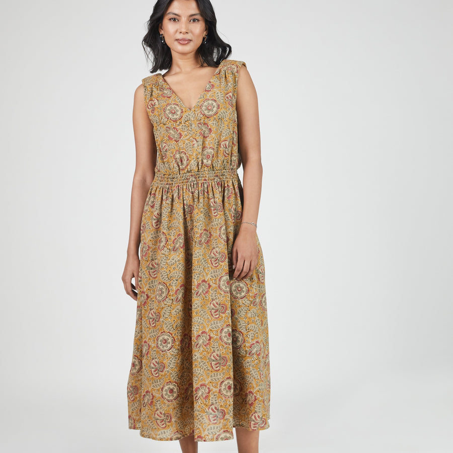 Eesha V Dress in Kalamkari Floral Yellow Sage