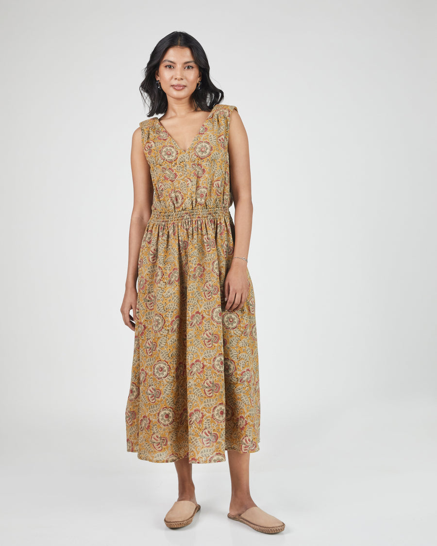 Eesha V Dress in Kalamkari Floral Yellow Sage