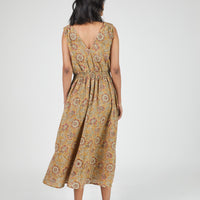 Eesha V Dress in Kalamkari Floral Yellow Sage