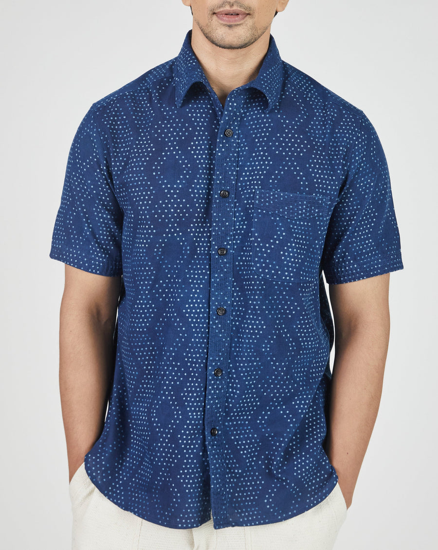 S/S Kabir Shirt in Dot Block Print Indigo