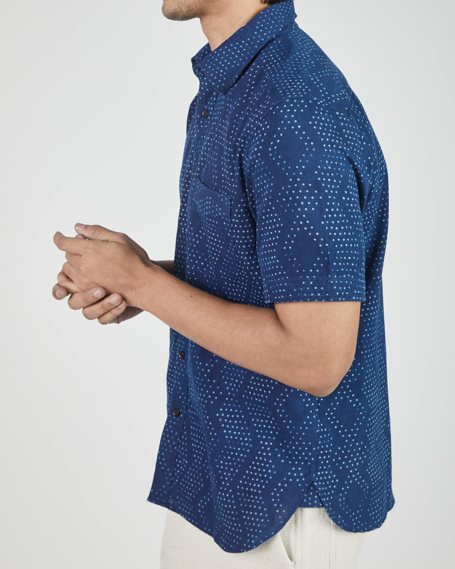 S/S Kabir Shirt in Dot Block Print Indigo