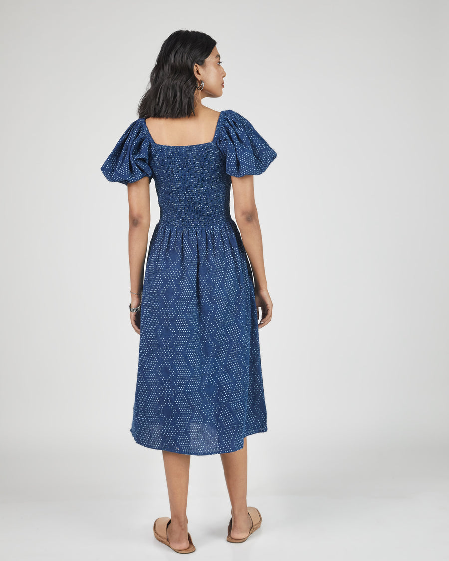 Anika Dress in Dot Block Print Indigo