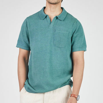 Manbir Johnny Collar Knit Tee in Marine Green