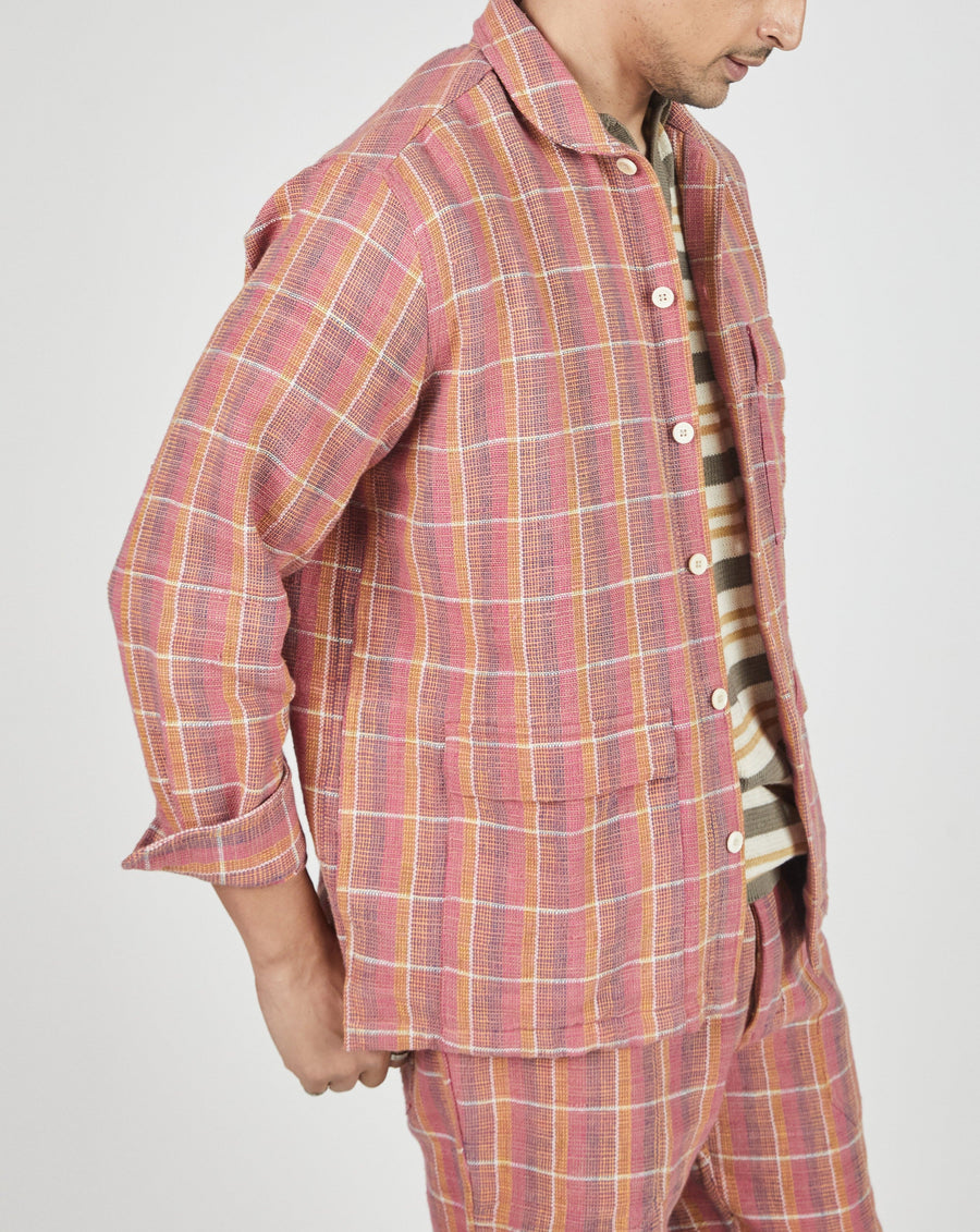 Yaatree Shawl Collar Overshirt in Nubby Cotton Sunset Plaid