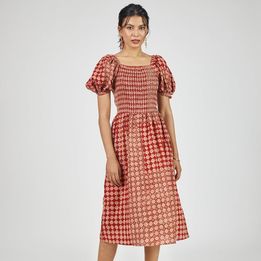 Anika Dress in Engineered Tile Print Madder