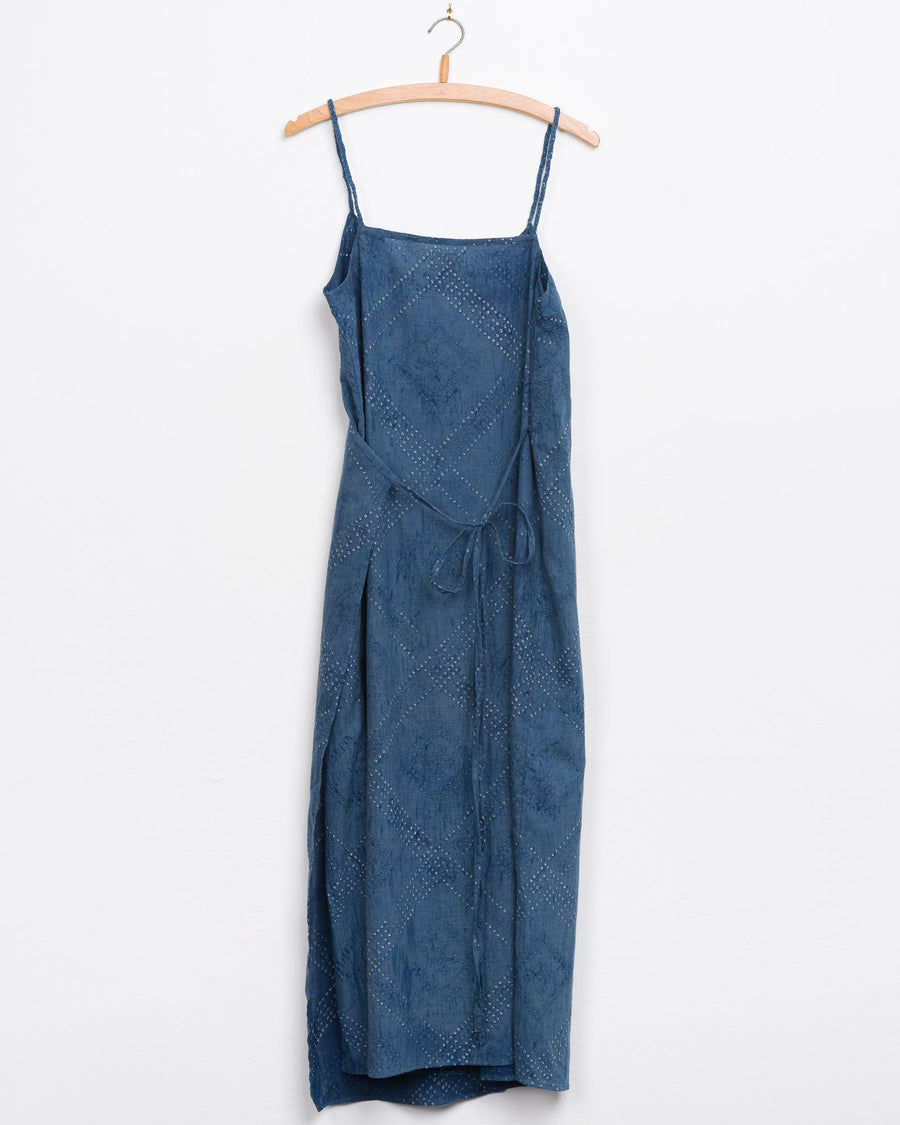 Aahana Strappy Wrap Dress in Indigo Tile Bandhani