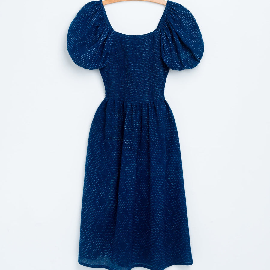 Anika Dress in Dot Block Print Indigo