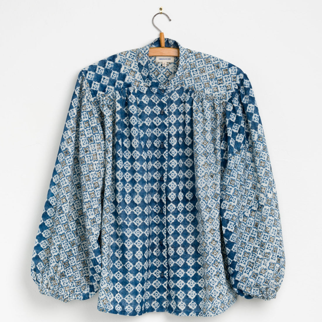 Sabrina Top in Engineered Tile Block Print Indigo