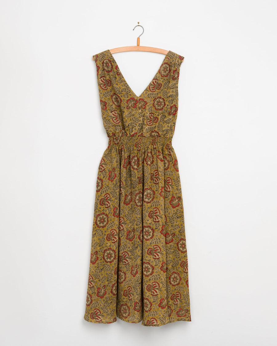 Eesha V Dress in Kalamkari Floral Yellow Sage