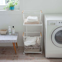 Rolling Laundry Cart + Wire Baskets (38" H)  - Steel + Wood