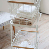 Rolling Laundry Cart + Wire Baskets (38" H)  - Steel + Wood