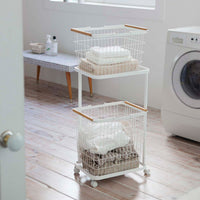 Rolling Laundry Cart + Wire Baskets (38" H)  - Steel + Wood