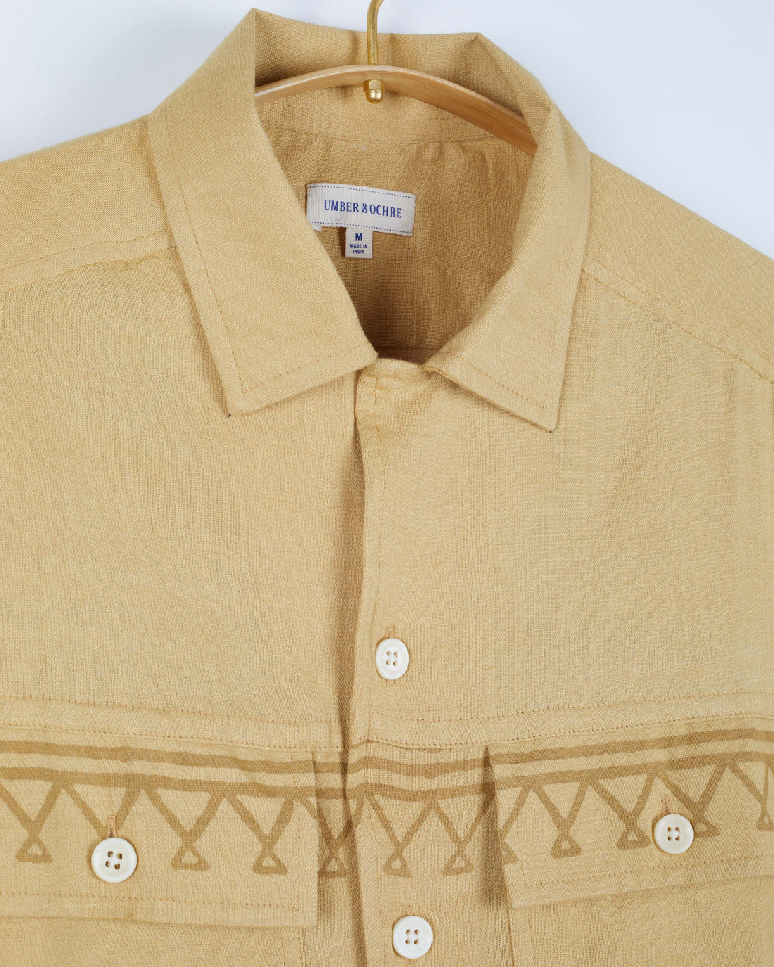 Harshil Two-Pocket Shirt in Border Stripe Block Print Sand Cotton Silk