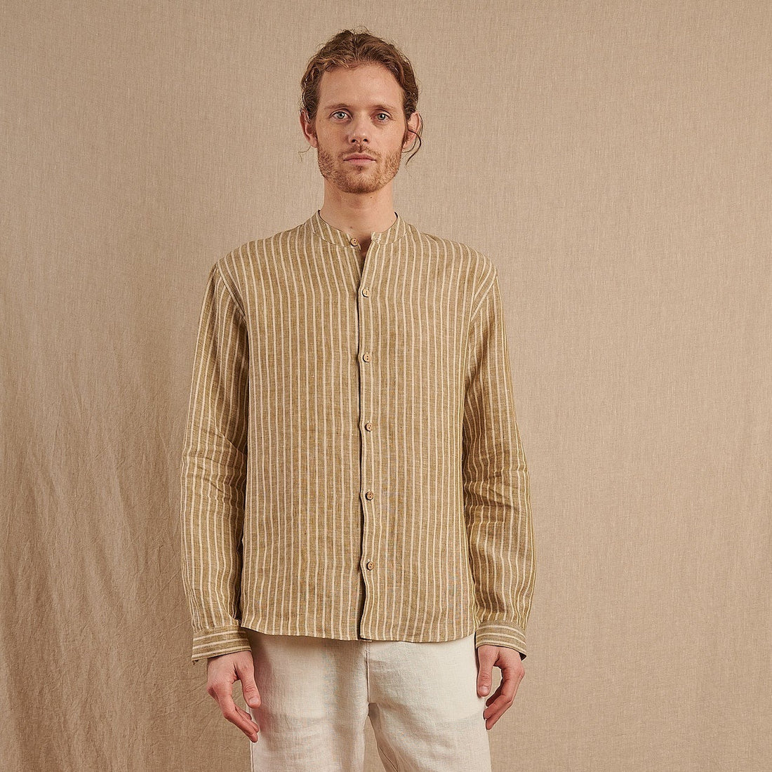 Men's Striped Monty Mandarin in Linen - Final Sale