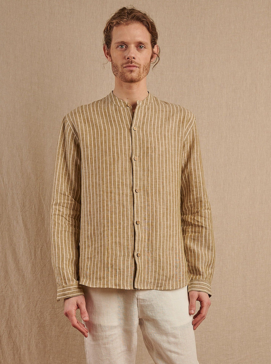 Men's Striped Monty Mandarin in Linen - Final Sale