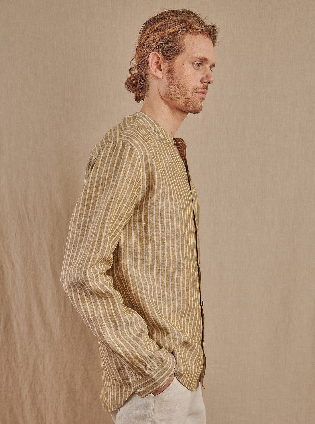 Men's Striped Monty Mandarin in Linen - Final Sale