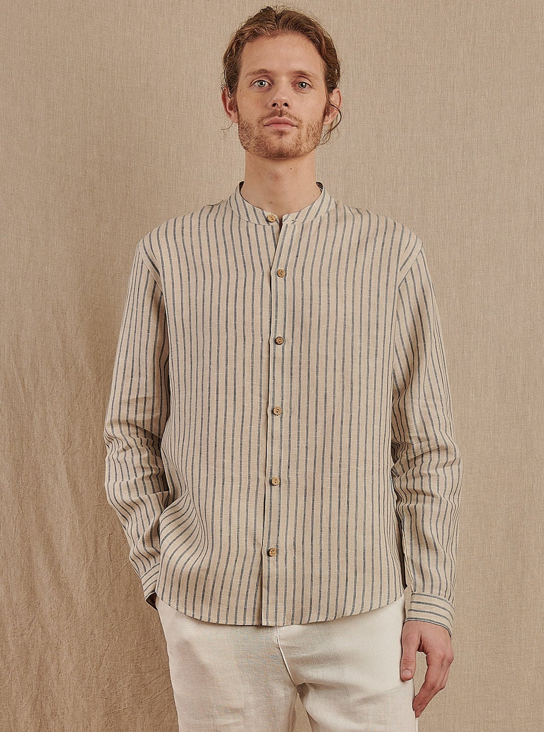 Men's Striped Monty Mandarin in Linen - Final Sale