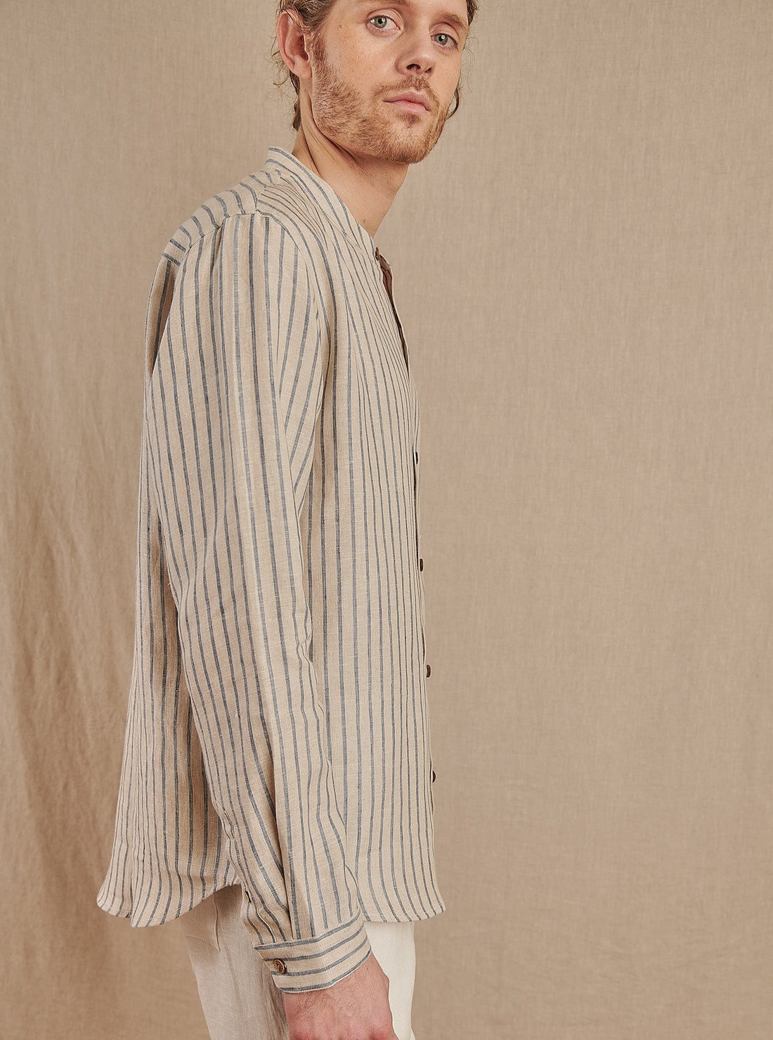 Men's Striped Monty Mandarin in Linen - Final Sale