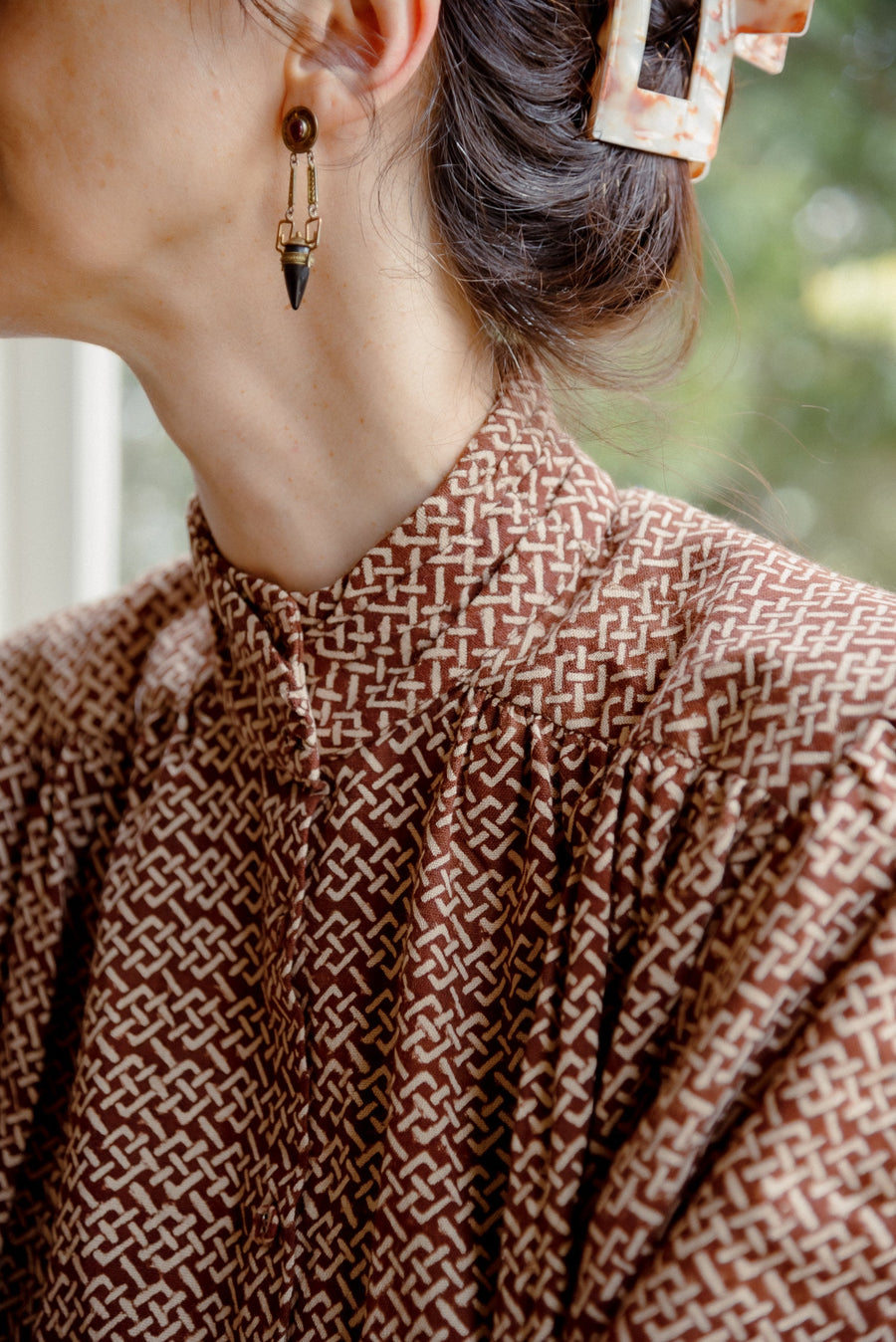 Sabrina Top in Burgundy Endless Knot Block Print