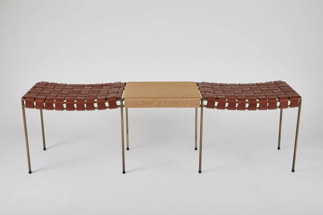 Double Rail Woven Leather Bench with Rush Table