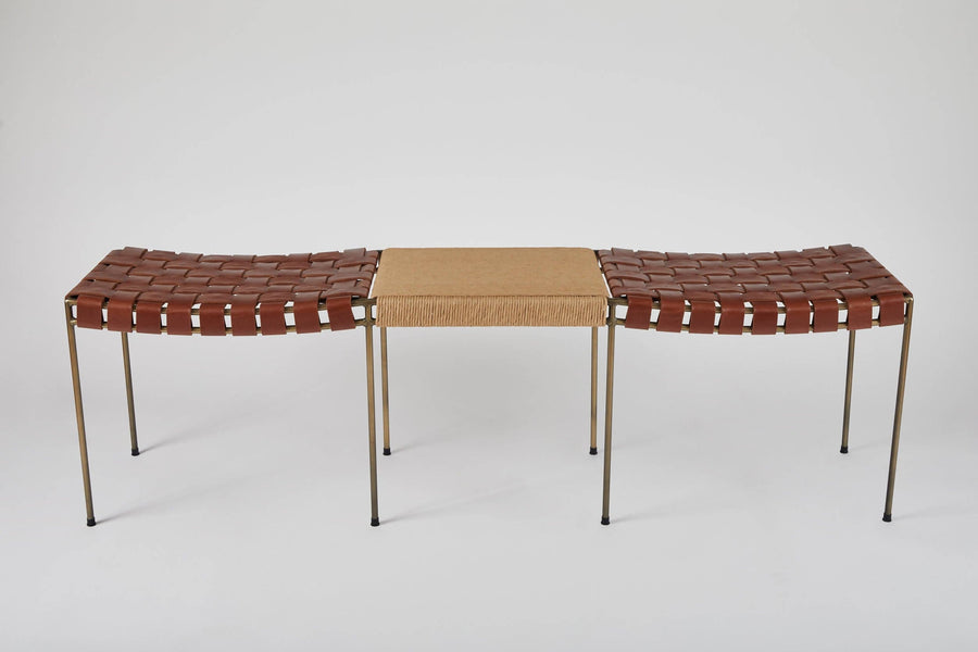 Double Rail Woven Leather Bench with Rush Table